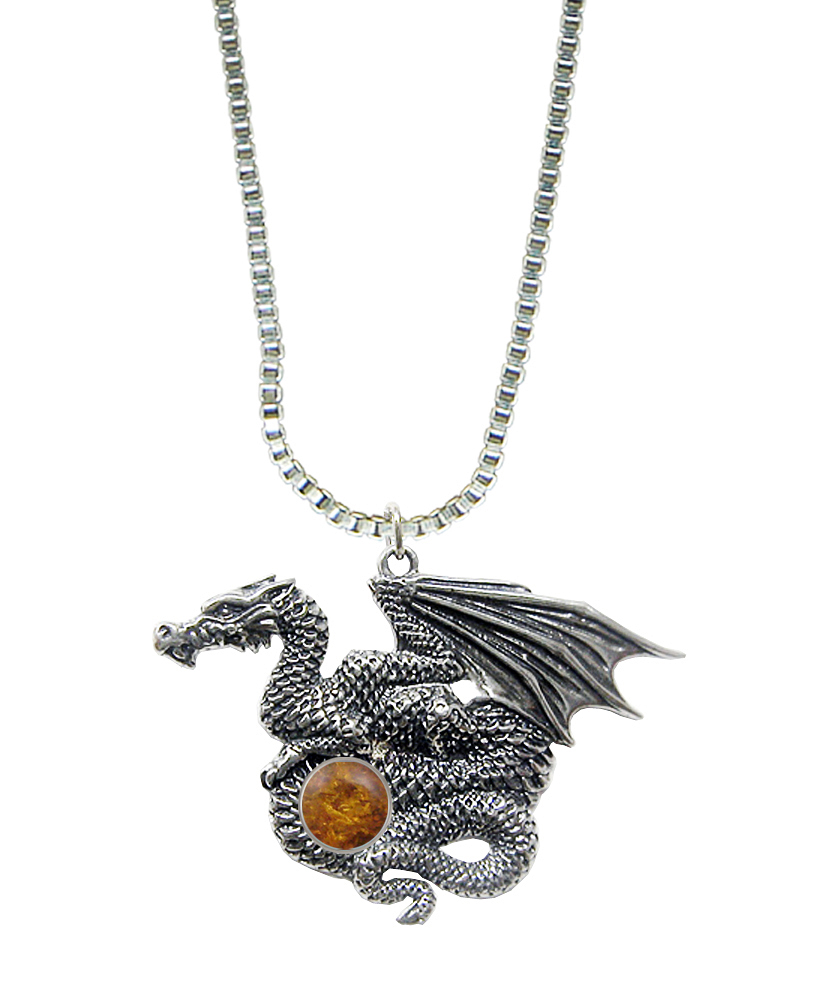 Sterling Silver Dragon of Many Treasures Pendant With Amber